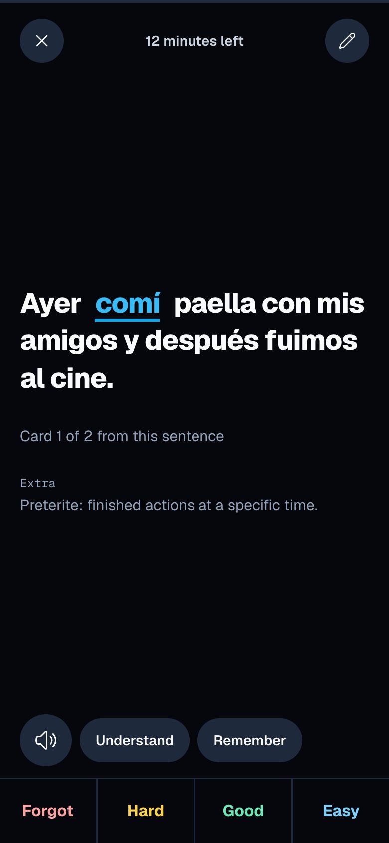 Cloze card answer with the hidden word highlighted in its sentence