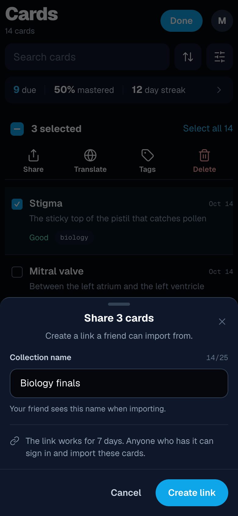 Library in selection mode with three cards ticked and the Share dialog naming a new collection