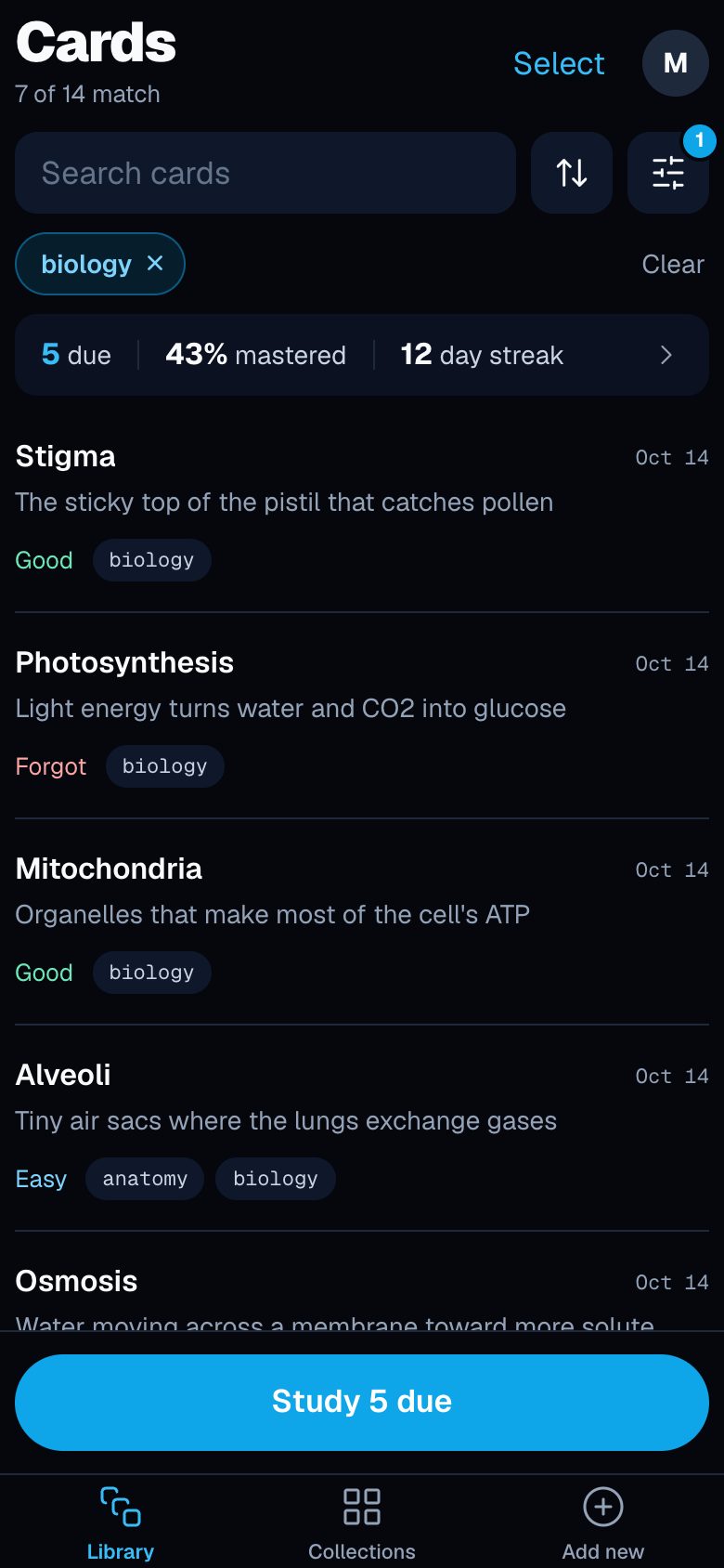 Library filtered by the biology tag, with due, mastered and streak stats above the cards